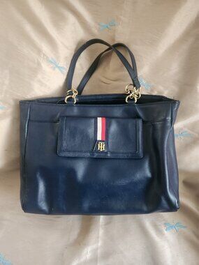 TOMMY HILFIGER women's handbag dark blue faux leather large 2-handles